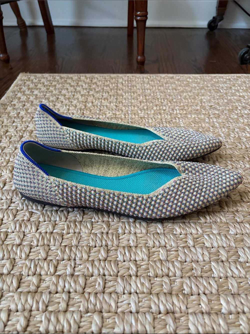 Rothy’s Pointed Toe Tweed Flats in Cream with blue, turquoise and pink sparkles